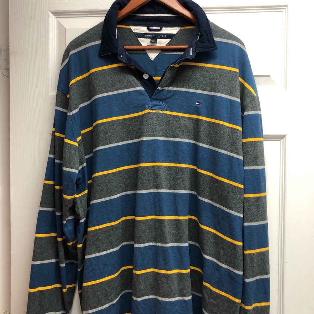 Tommy Hilfiger Blue, Gray & Yellow Striped Rugby Polo
